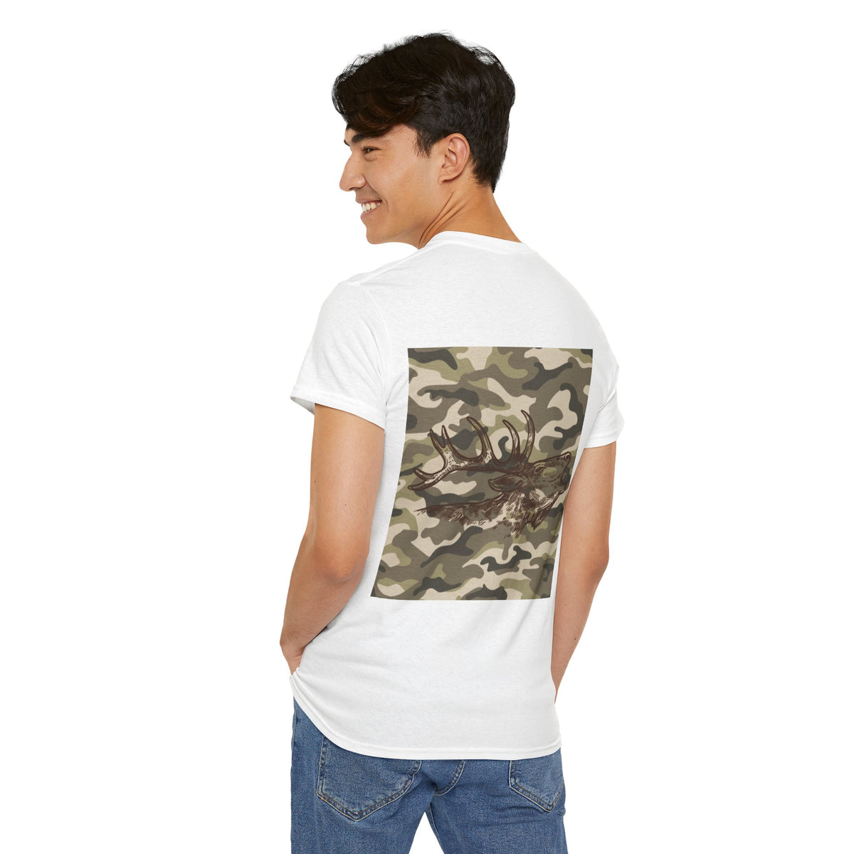 Unisex Heavy Cotton Tee with Camouflage Elk Design