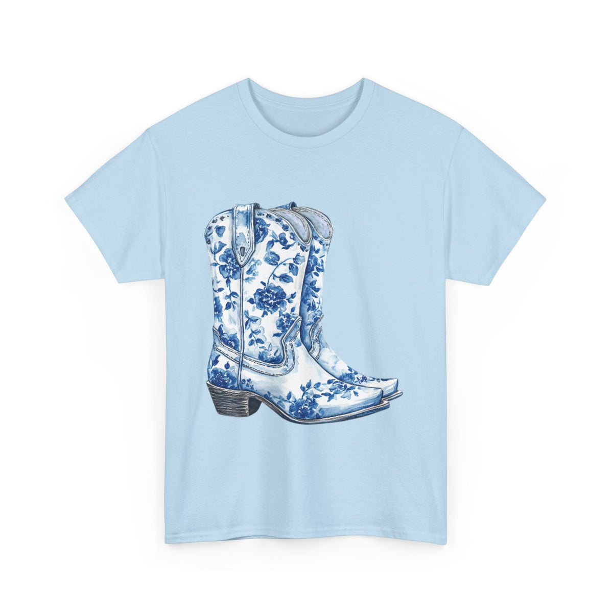 Blue Floral Cowboy Boots Unisex Heavy Cotton Tee