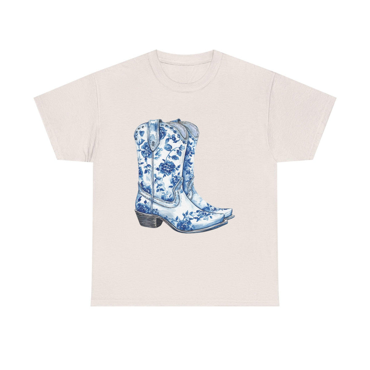 Blue Floral Cowboy Boots Unisex Heavy Cotton Tee