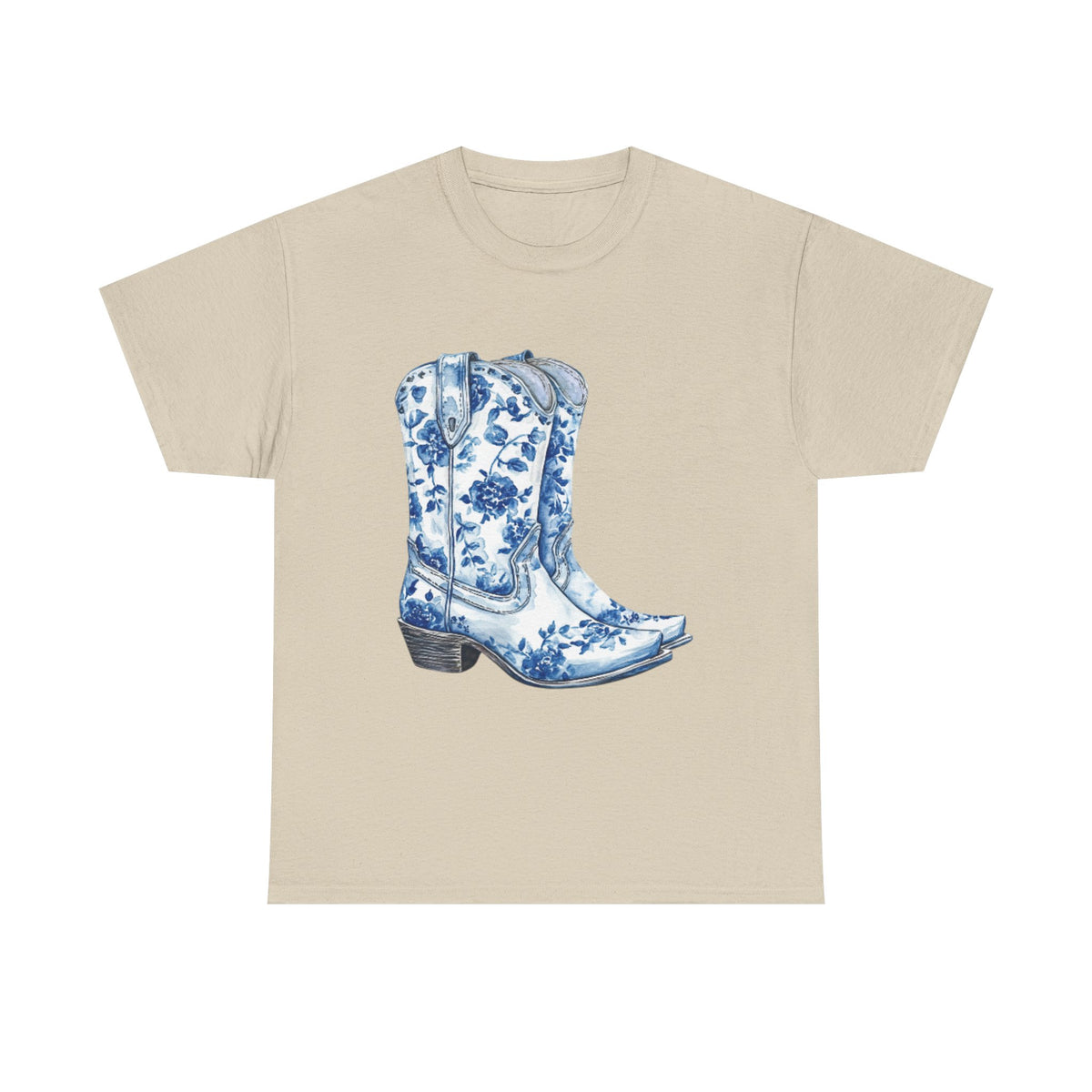 Blue Floral Cowboy Boots Unisex Heavy Cotton Tee