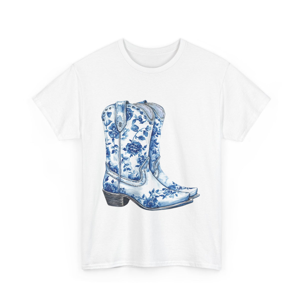 Blue Floral Cowboy Boots Unisex Heavy Cotton Tee