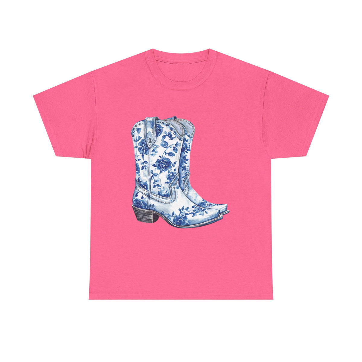 Blue Floral Cowboy Boots Unisex Heavy Cotton Tee