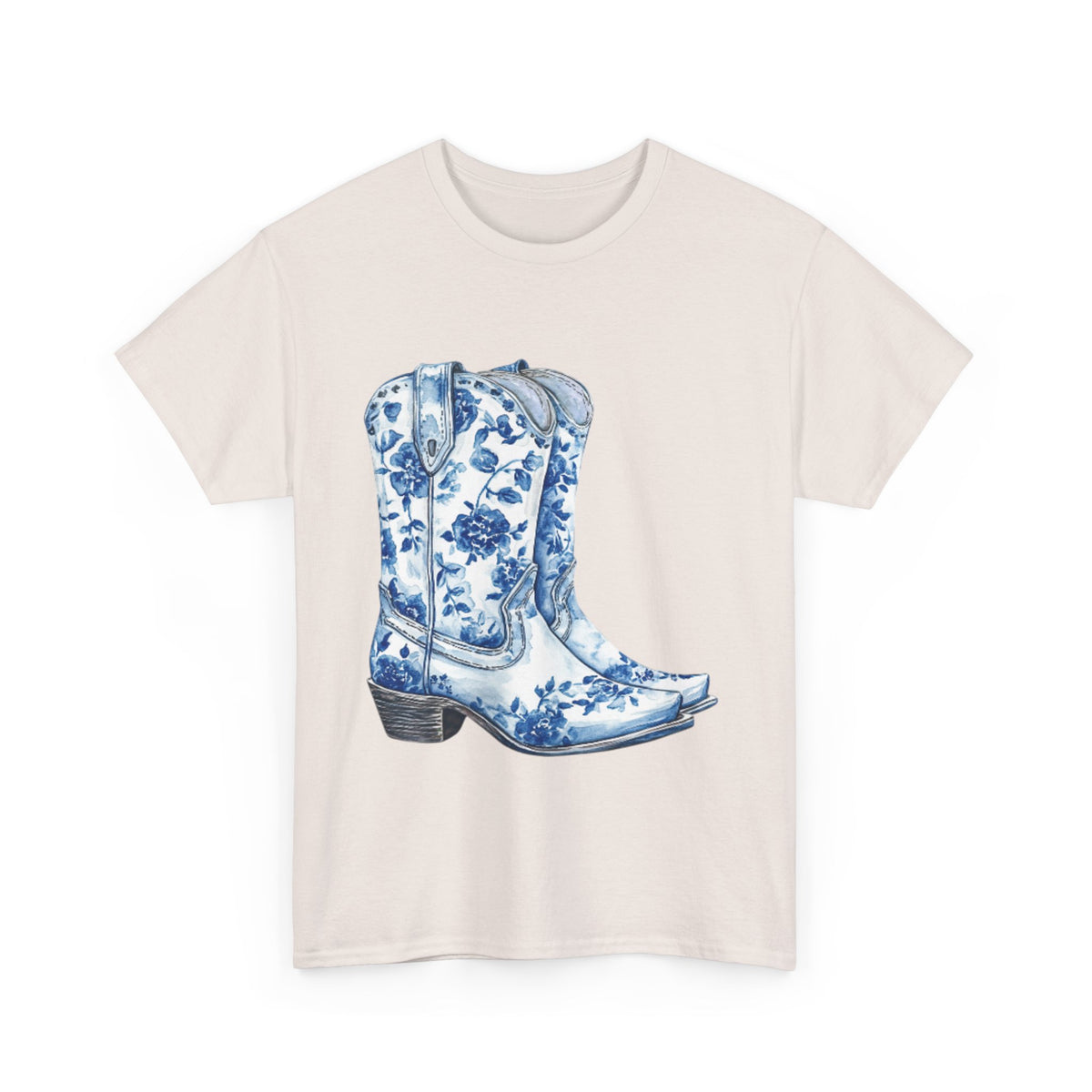 Blue Floral Cowboy Boots Unisex Heavy Cotton Tee