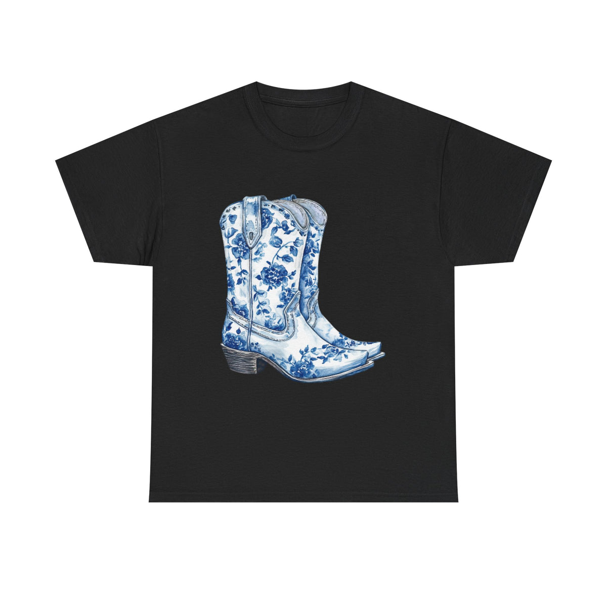 Blue Floral Cowboy Boots Unisex Heavy Cotton Tee