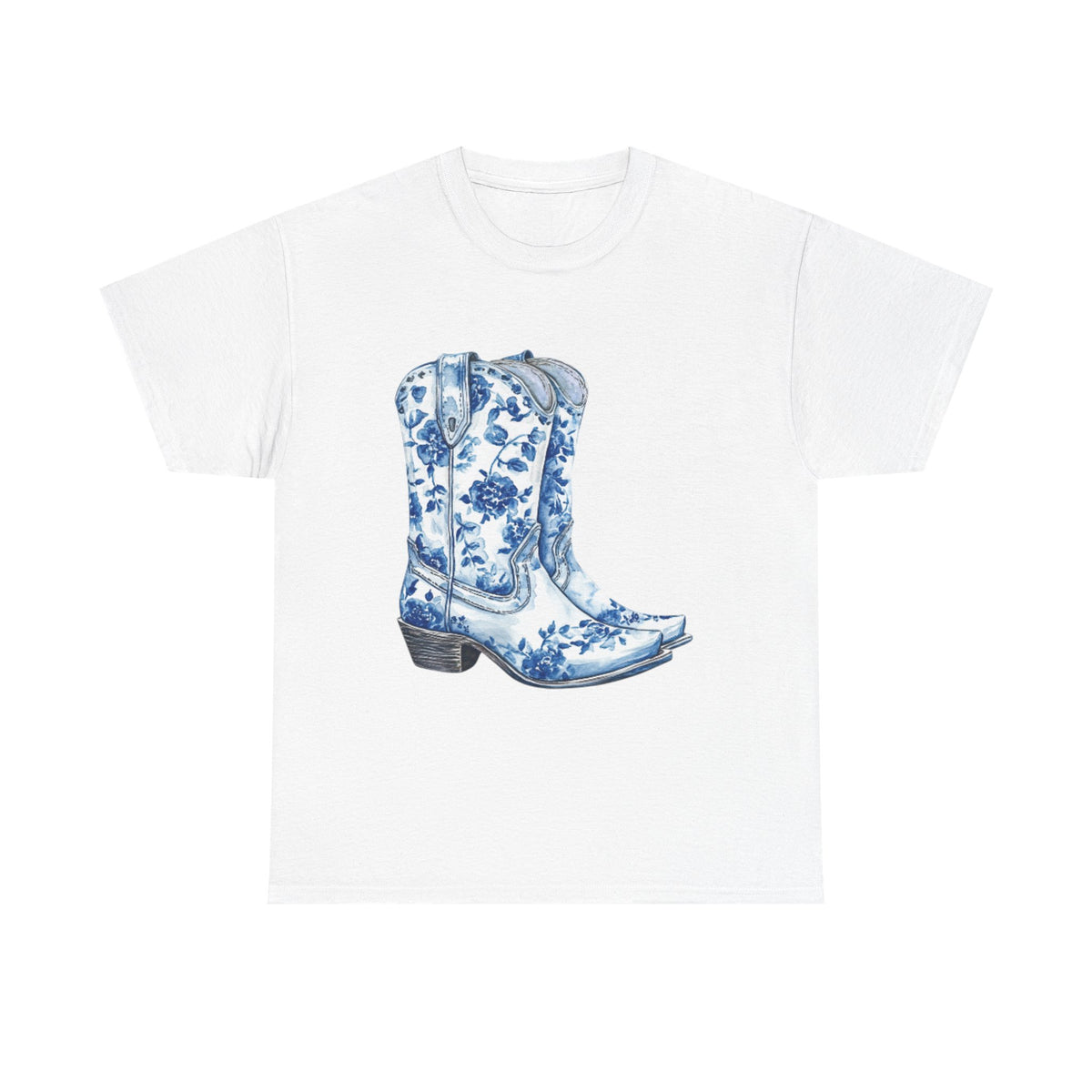 Blue Floral Cowboy Boots Unisex Heavy Cotton Tee