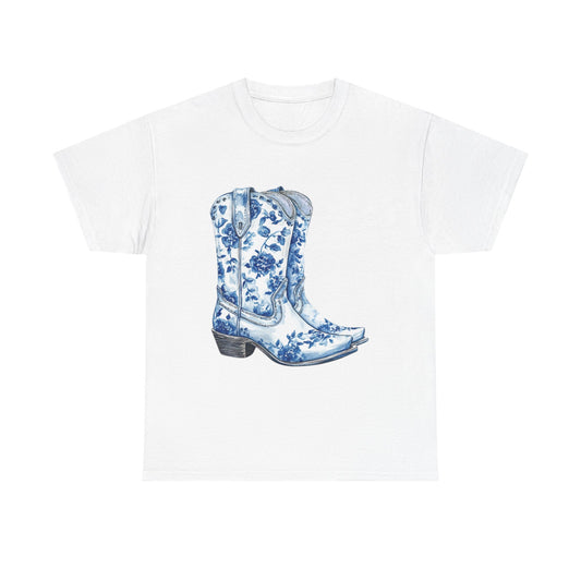 Blue Floral Cowboy Boots Unisex Heavy Cotton Tee