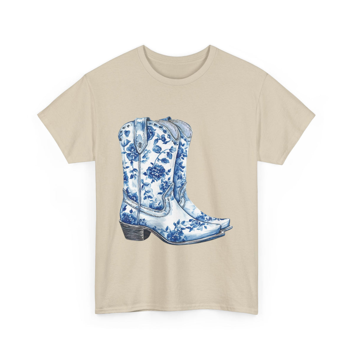 Blue Floral Cowboy Boots Unisex Heavy Cotton Tee