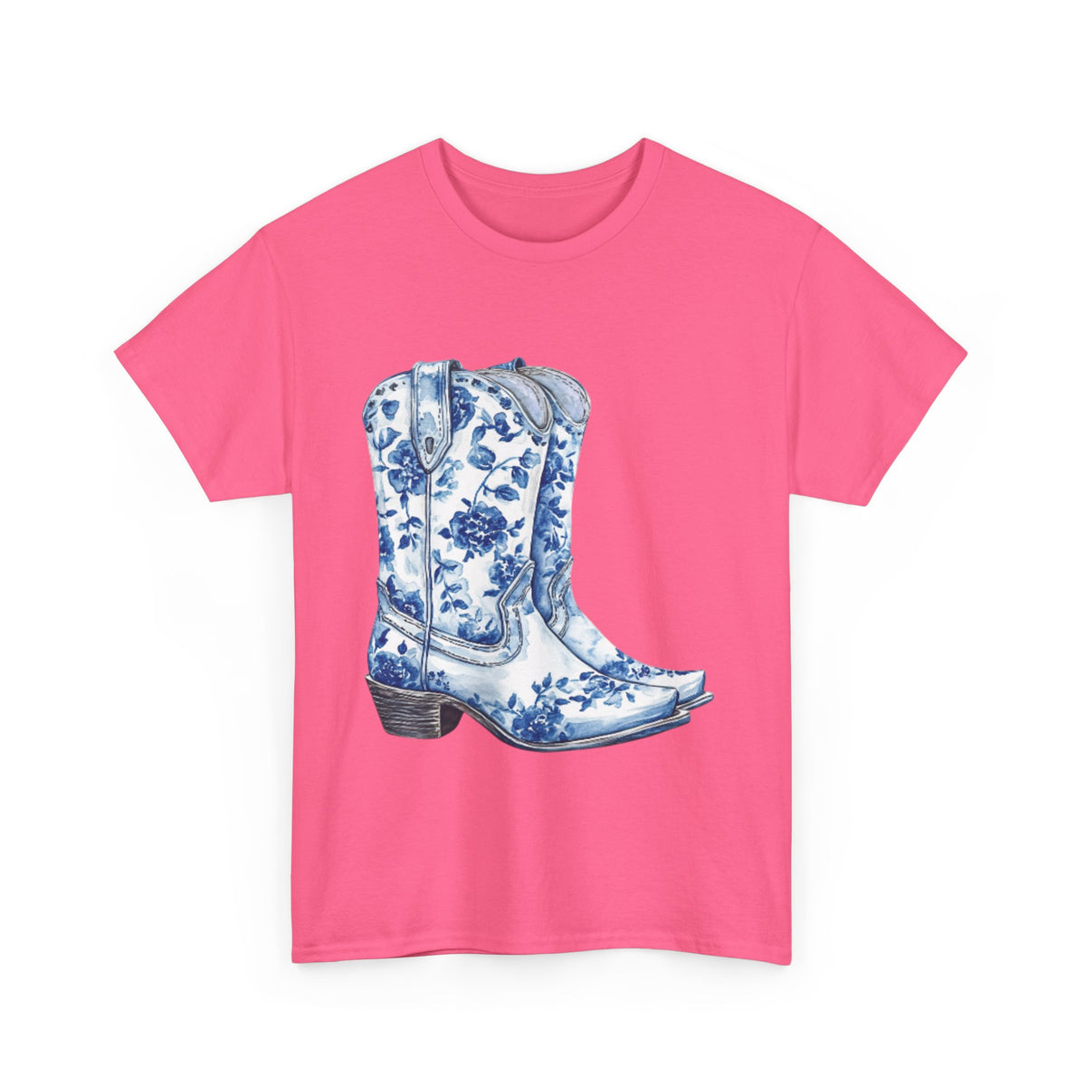 Blue Floral Cowboy Boots Unisex Heavy Cotton Tee