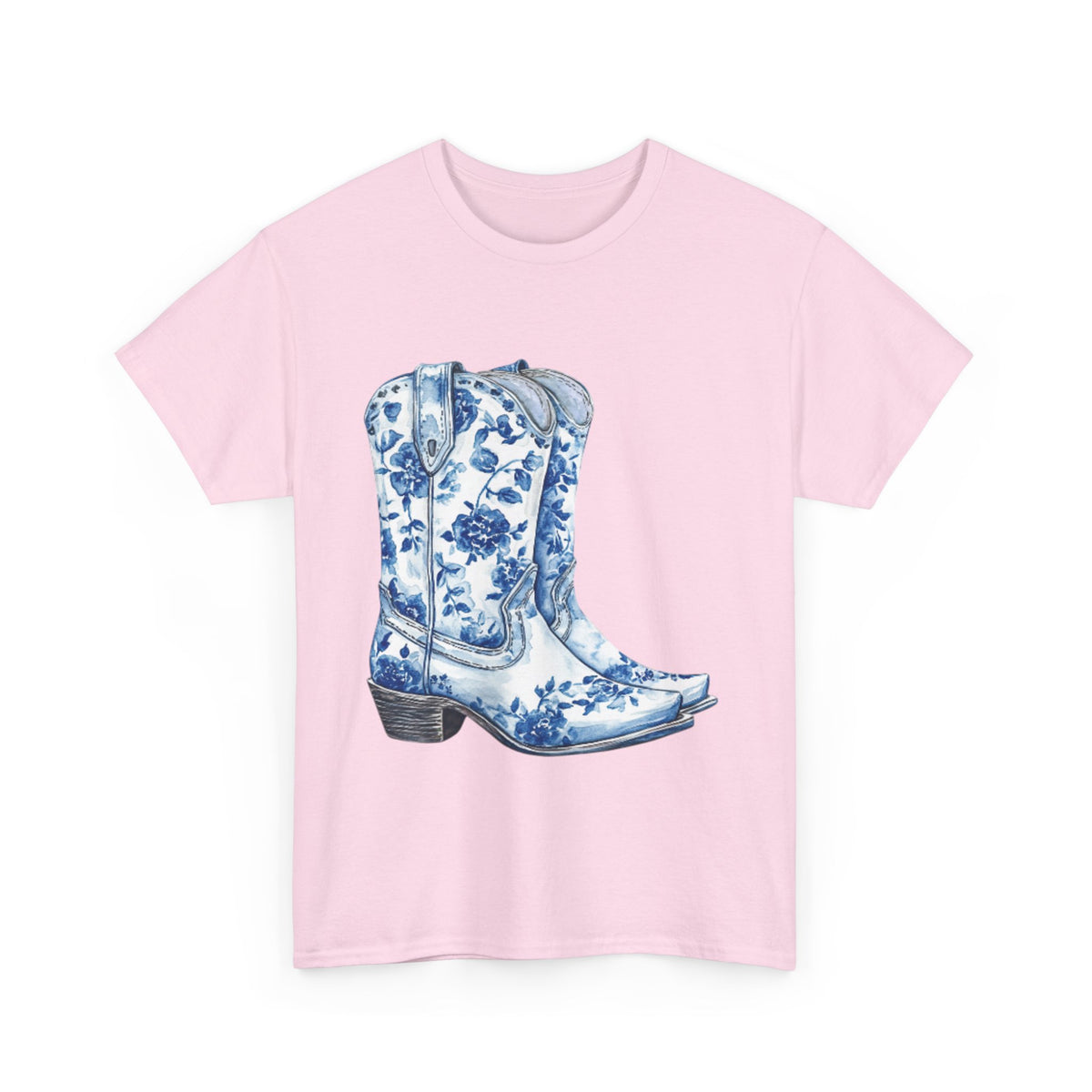 Blue Floral Cowboy Boots Unisex Heavy Cotton Tee