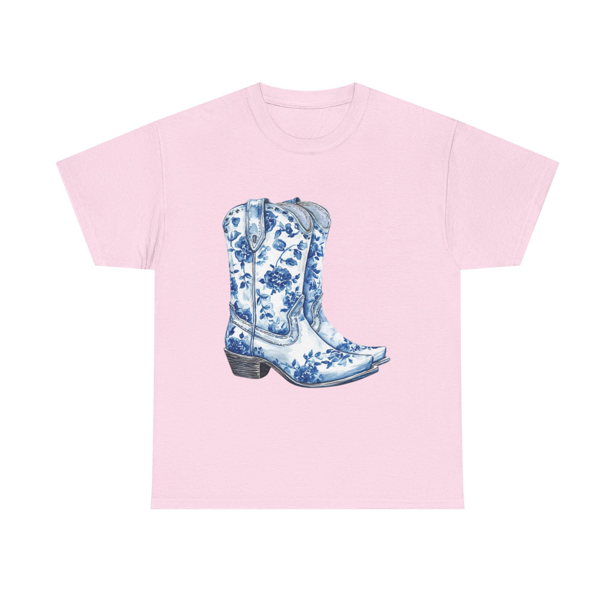 Blue Floral Cowboy Boots Unisex Heavy Cotton Tee