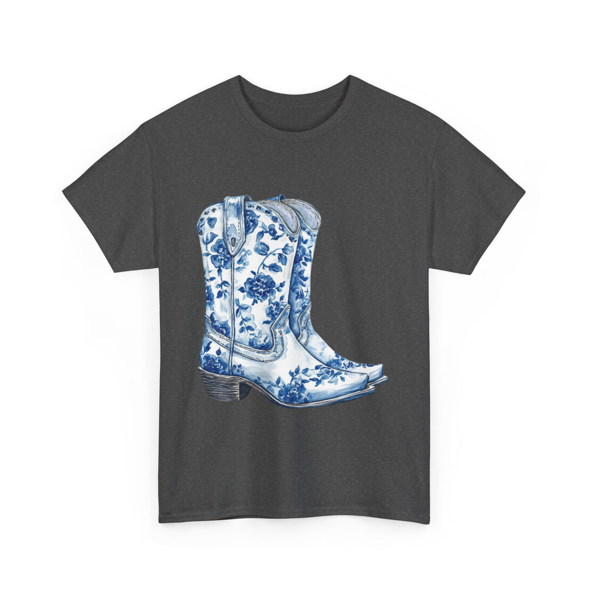 Blue Floral Cowboy Boots Unisex Heavy Cotton Tee