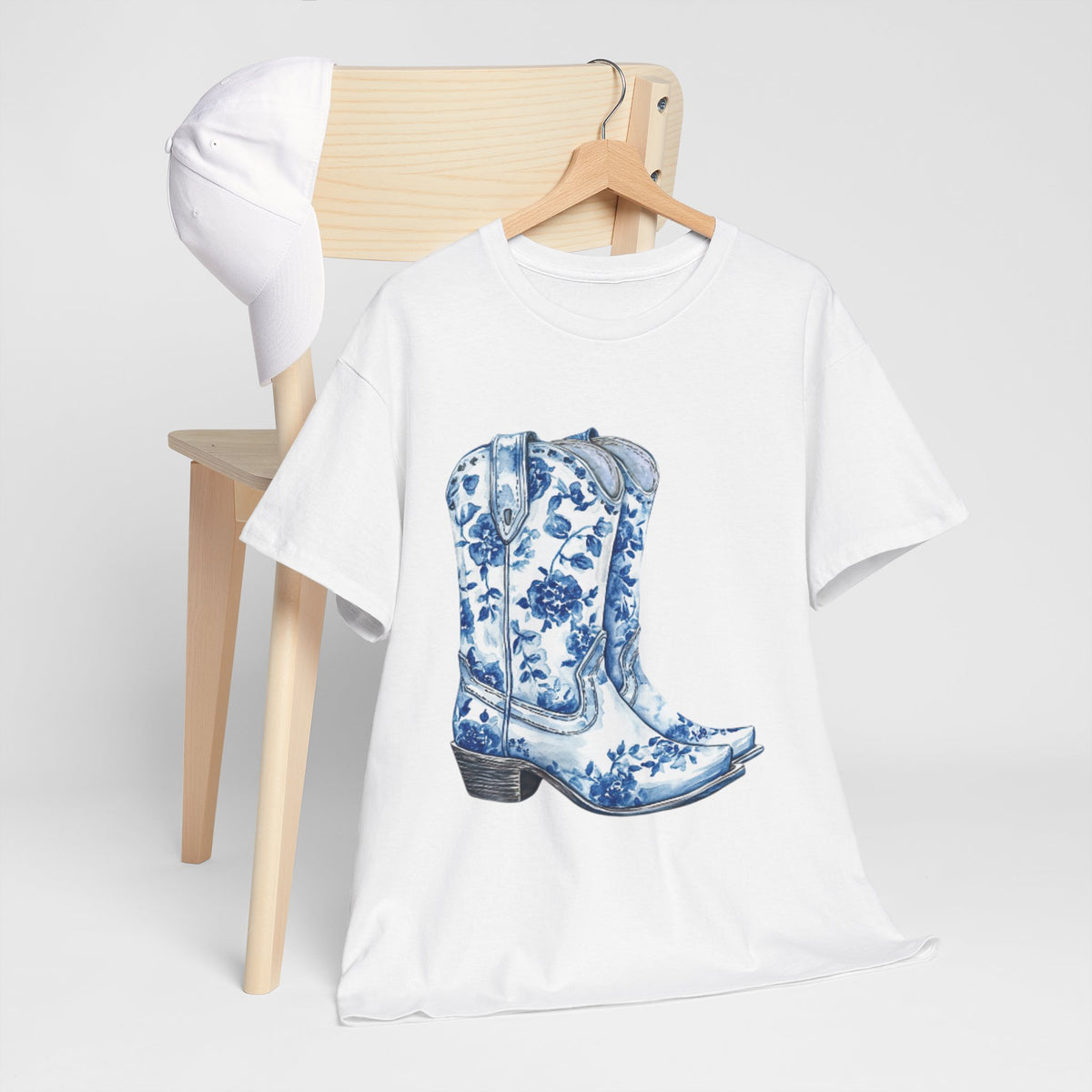 Blue Floral Cowboy Boots Unisex Heavy Cotton Tee
