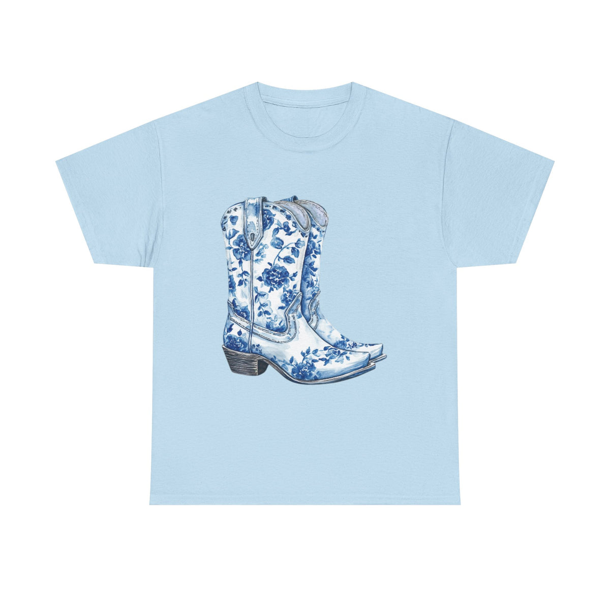 Blue Floral Cowboy Boots Unisex Heavy Cotton Tee